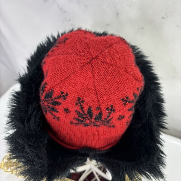 Vintage 70s Knit Russian Hat Women's Nordic Winter Beanie Red Black Faux Fur - Picture 8 of 13